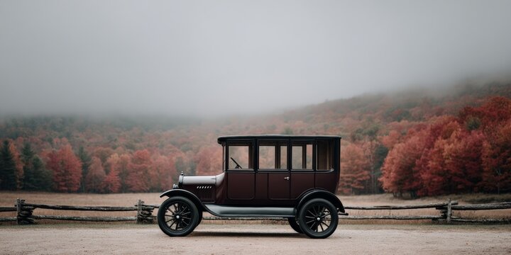 Vintage car in misty autumn landscape with colorful foliage and wooden fence - Powered by Adobe