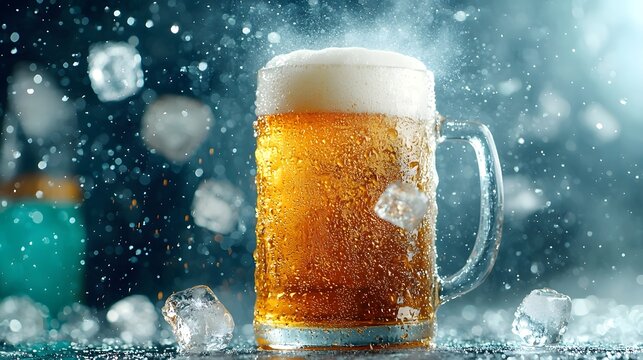A close up shot of a refreshing cold beer in a glass mug featuring a frothy creamy head floating ice cubes and condensation on the exterior creating a chilled sparkling visual
