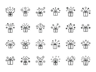 Bundle of Gift with Fireworks Silhouettes in Line Style on White Background – Celebration Present Icons for Party, Event, Holiday, Reward, Surprise, and Festive Design