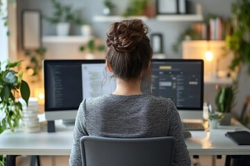 Office syndrome. Woman experiencing back pain symptoms while working in the office, trying to manage discomfort during a long workday, Generative AI