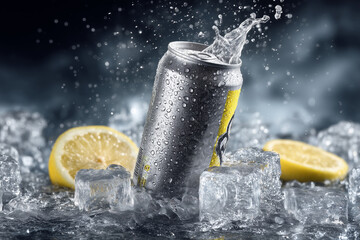 Refreshing beverage splash with lemon and ice beverage can