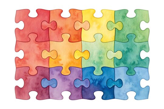 Colorful watercolor puzzle pieces connected together in a grid pattern