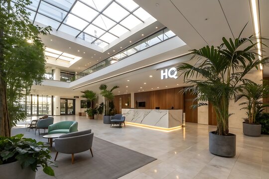Modern office lobby with natural light and lush greenery at the reception desk - Powered by Adobe