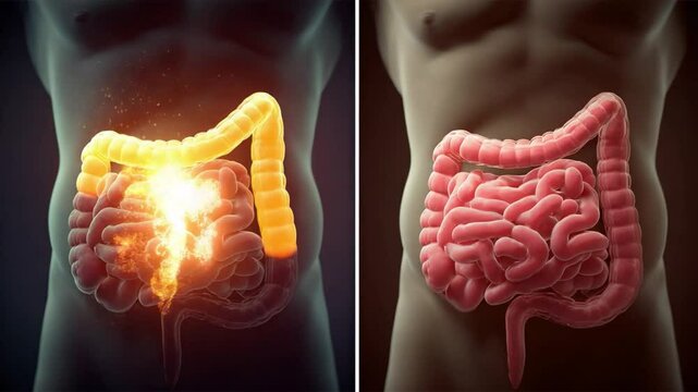 Intestine health comparison: A detailed, artistic illustration presents a side-by-side view of a healthy and inflamed intestine, highlighting the differences in condition