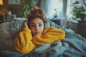 Woman measuring her  temperature on the bed, feeling feverish and  down to rest, Generative AI