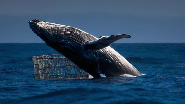 Whale and debris in the ocean: A majestic whale breaches the surface of the sea, highlighting the urgent need for ocean conservation.