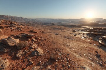 Fototapeta premium Panoramic desert vista, sunlit rocks and arid terrain. Vast expanse of reddish-orange earth, rocky outcrops, low desert plants, and distant mountains under a clear, bright sky