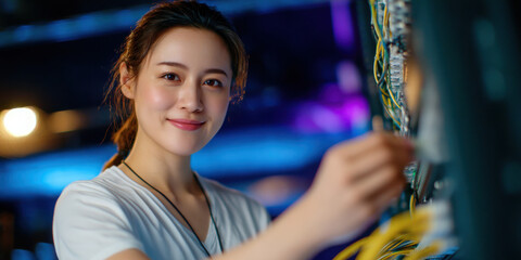 Young female technician smiling while working on network cables in server room with colorful lighting and blurred background