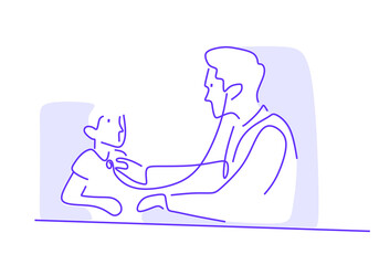 minimalist line art of a doctor using a stethoscope to examine a child. 