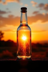 the sun reflects inside the glass bottle during a sunset subject: the sun reflects inside the glass bottle during a sunset copy space: optimized for p