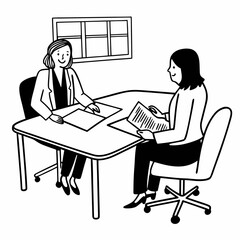 Smiling female financial advisor, attorney lawyer or bank manager consulting client investor reading document at business meeting reviewing legal paper file planning taxes working in office.