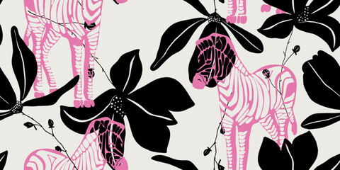Floral Zebra Motif in Pink and Black Pattern