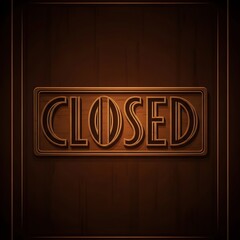 Vintage closed sign on dark wooden door. Out of business concept. Art deco retro style inscription for shop, cafe, or restaurant notification.