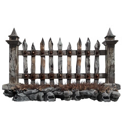 Gothic wooden fence with skull embellishments and spiked posts isolated on transparent background