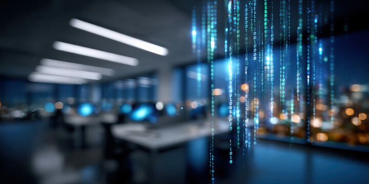 Digital code streams flowing modern office environment with blurred desks and city lights creating futuristic and dynamic