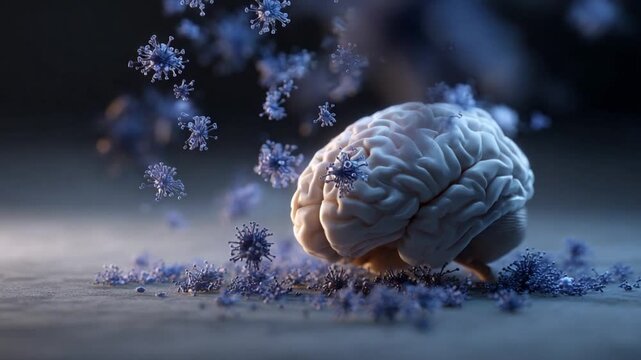 Brain besieged: An intricate illustration showcases a human brain under siege by viral particles, symbolizing mental health and the impact of stress. 