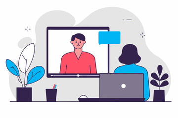 Woman on Video Call with Man Remote Work Online Learning Home Office Plants and Computer