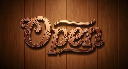 Embossed open sign on wooden door. Welcoming message for business. Rustic vintage style for shop entrance and cafe.