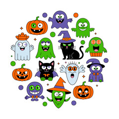 Vector art of a circular arrangement of various halloween characters including ghosts, pumpkins, monsters, and a black cat