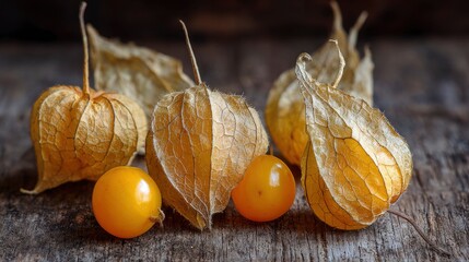 Golden Fruit Capsules on Wood
