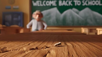Silverfish in classroom crawls on school desk, back to school concept. Cartoon style teacher in background, kids animation. Education, pest control, hygiene themes. - Powered by Adobe