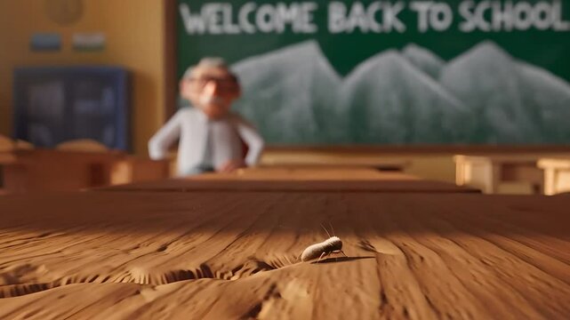 Silverfish in classroom crawls on school desk, back to school concept. Cartoon style teacher in background, kids animation.  Education, pest control, hygiene themes.
