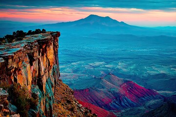 Dramatic mountain vista at sunset.  A sheer cliff edge overlooks a colorful valley and distant mountain.  Vibrant hues of orange, pink, and purple paint the landscape.  A distant peak pierces the sky