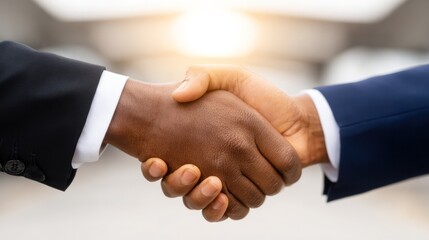 Obraz premium Handshake of Agreement: A close-up shot captures a firm handshake between two individuals, symbolizing agreement and collaboration, against a softly lit background