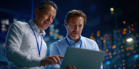 Two male IT personnel reviewing data on digital tablet with city lights in background, focused and engaged at night