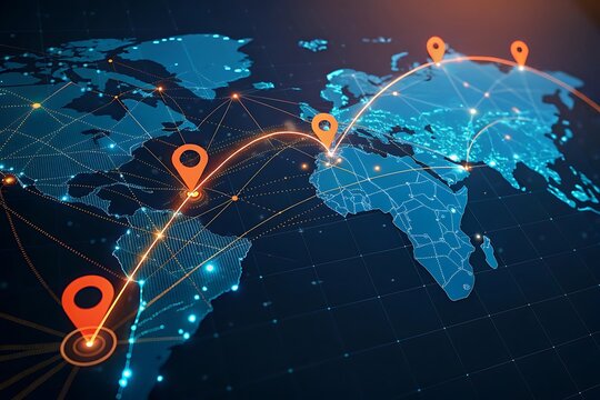 Global network of connections and travel routes with location pins on a digital world map - Powered by Adobe