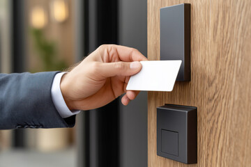 Close-up of a hand holding a blank key card to unlock an electronic door lock, showcasing smart home security technology and access control systems
