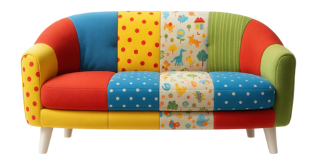 Low, rounded sofa with colorful patchwork fabric for a vibrant children?s playroom.