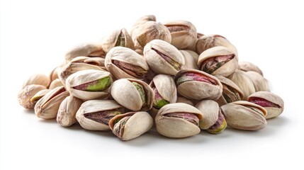 Roasted pistachios in a pile against a white background