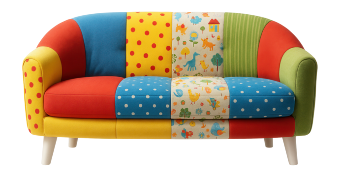 Low, rounded sofa with colorful patchwork fabric for a vibrant children?s playroom.