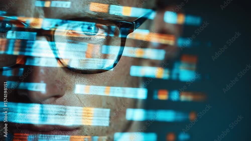 Poster code aligned gaze: a close-up view of a tech-savvy individual peering through eyeglasses, their eyes