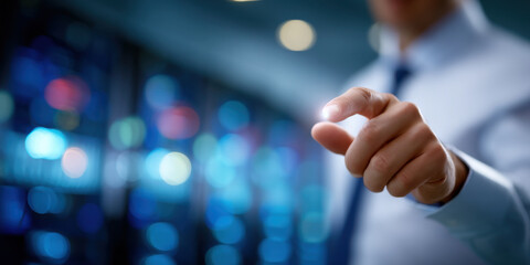 Touchscreen technology with businessman finger pointing on digital interface in data center room
