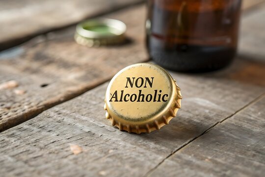 Close up of a non alcoholic beer bottle cap on a rustic wooden table