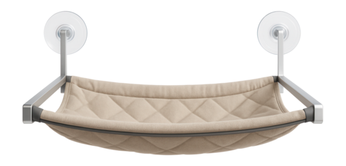 Cat hammock suspended from a windowsill, offering a cozy perch for cats to bask in the sun in an urban apartment.