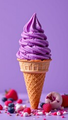 create an eye catching image featuring a vibrant purple ice cream cone set against a matching purple background