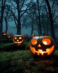 Glowing Jack-O&rsquo;-Lanterns in Foggy Graveyard &ndash; Vertical Halloween Scene, Generative AI