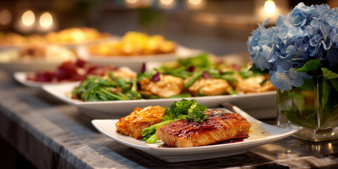 Obraz premium Grilled salmon with vegetables and side dishes served on white plates at buffet table with soft lighting and blue flowers