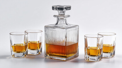 Elegant glass whiskey decanter with matching glasses filled with golden liquor, arranged on a light background for a luxurious barware presentation