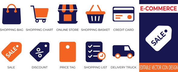 Clean solid &ldquo;E-Commerce Icons&rdquo; featuring cart, payment, delivery, discount, order tracking, and online store symbols for business and UI design.