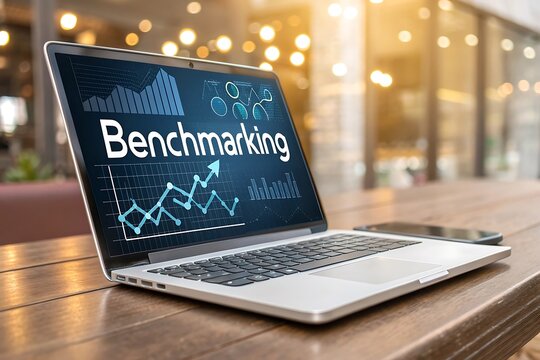 Laptop displaying benchmarking data with upward trending graphs and charts