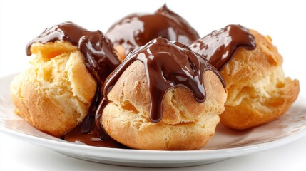 Chocolatedrenched cream puffs on a platter