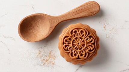 Mooncake rests beside a wooden spoon