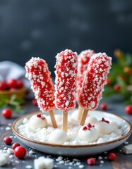 create a visually appealing image featuring sugar coated snow sticks, positioned at the top with copy space at the bottom