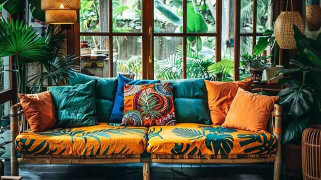 Selective focus. Comfortable sofa on veranda surrounded by vibrant plants