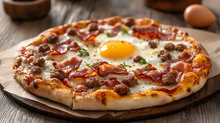 Homemade breakfast pizza featuring a crisp golden crust topped with melted cheese scrambled eggs crispy bacon and spicy sausage crumbles a hearty and satisfying morning meal