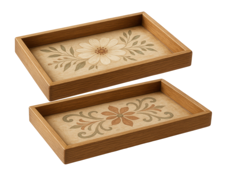 Painted wooden open trays with vintage designs, suitable for decoration in a cozy cottage.